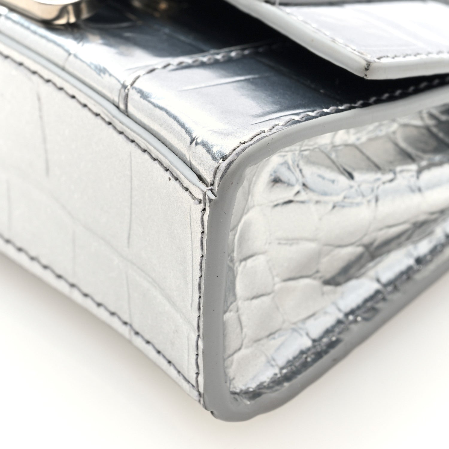 Balenciaga Metallic Calfskin Crocodile Embossed Hourglass Top Handle Bag Mini with Chain Silver 8 of 9