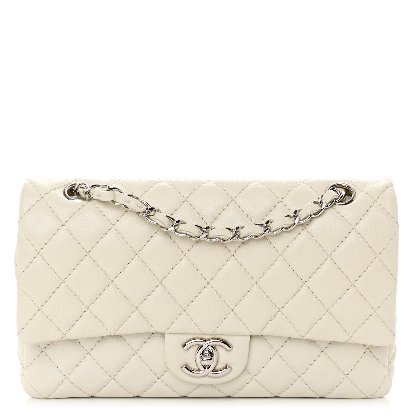 Washed Caviar Quilted Medium Double Flap White