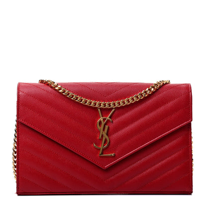 Saint Laurent Grain De Poudre Matelasse Chevron Monogram Chain Wallet Red 1 of 4