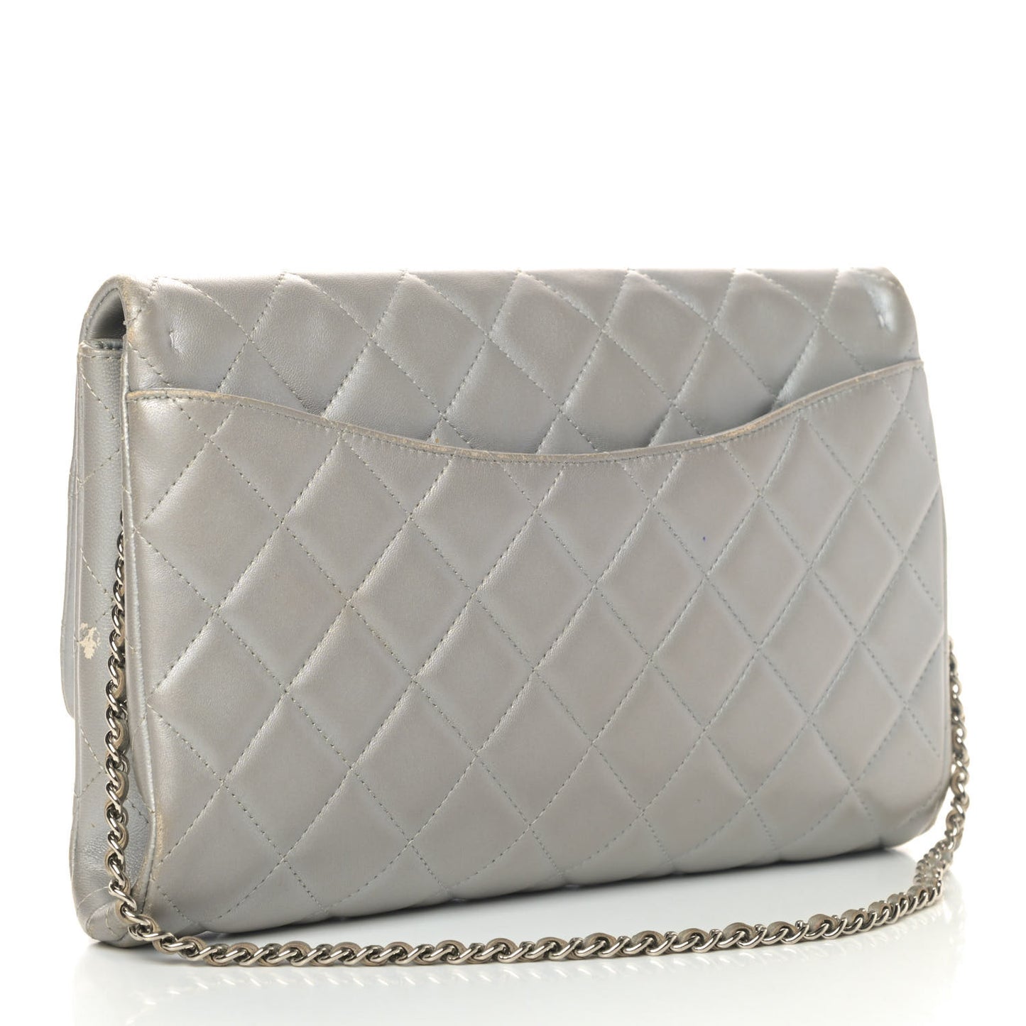 Metallic Lambskin Quilted Clutch With Chain Flap Grey