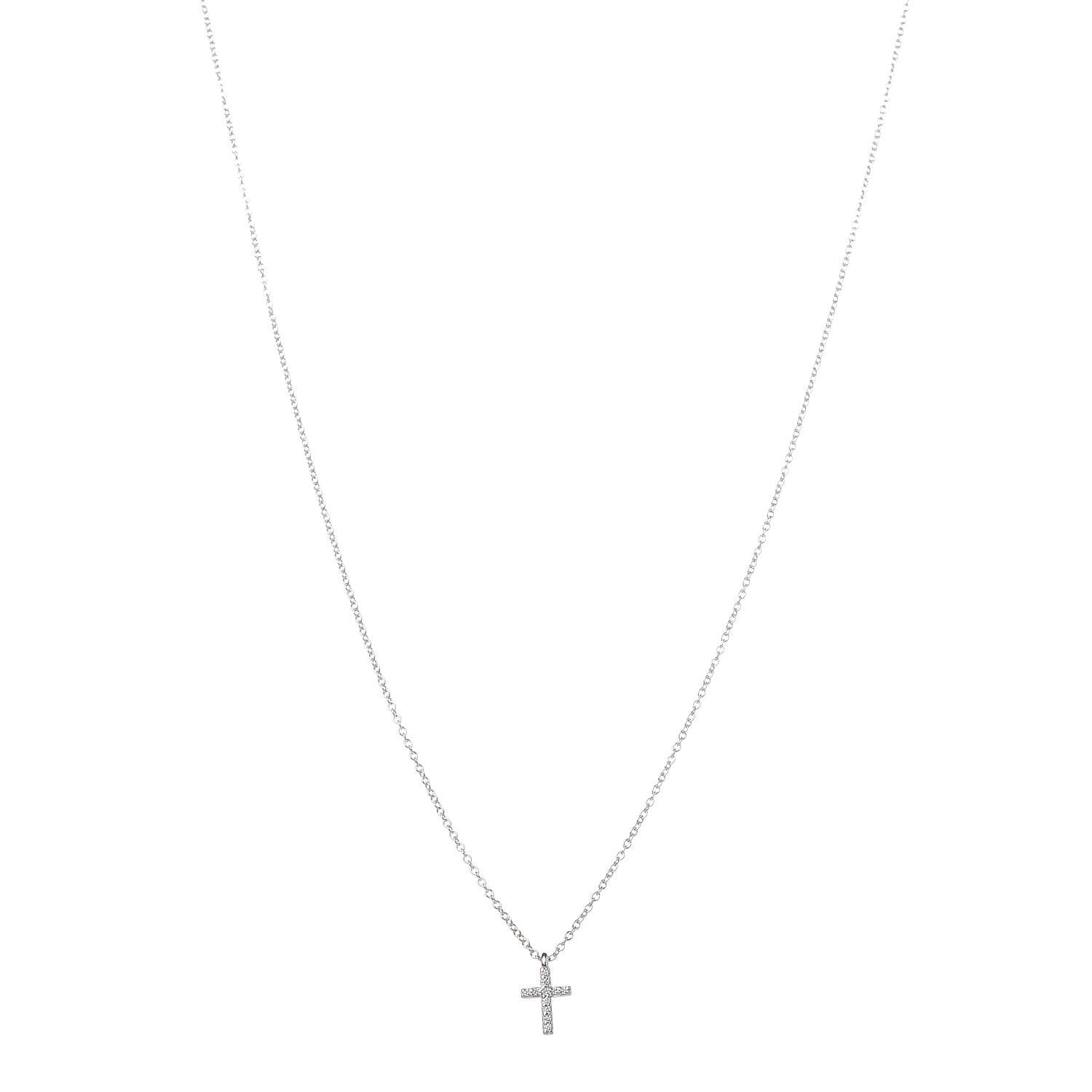 Tiffany 18K White Gold Diamond Mini Cross Pendant Necklace 1 of 6