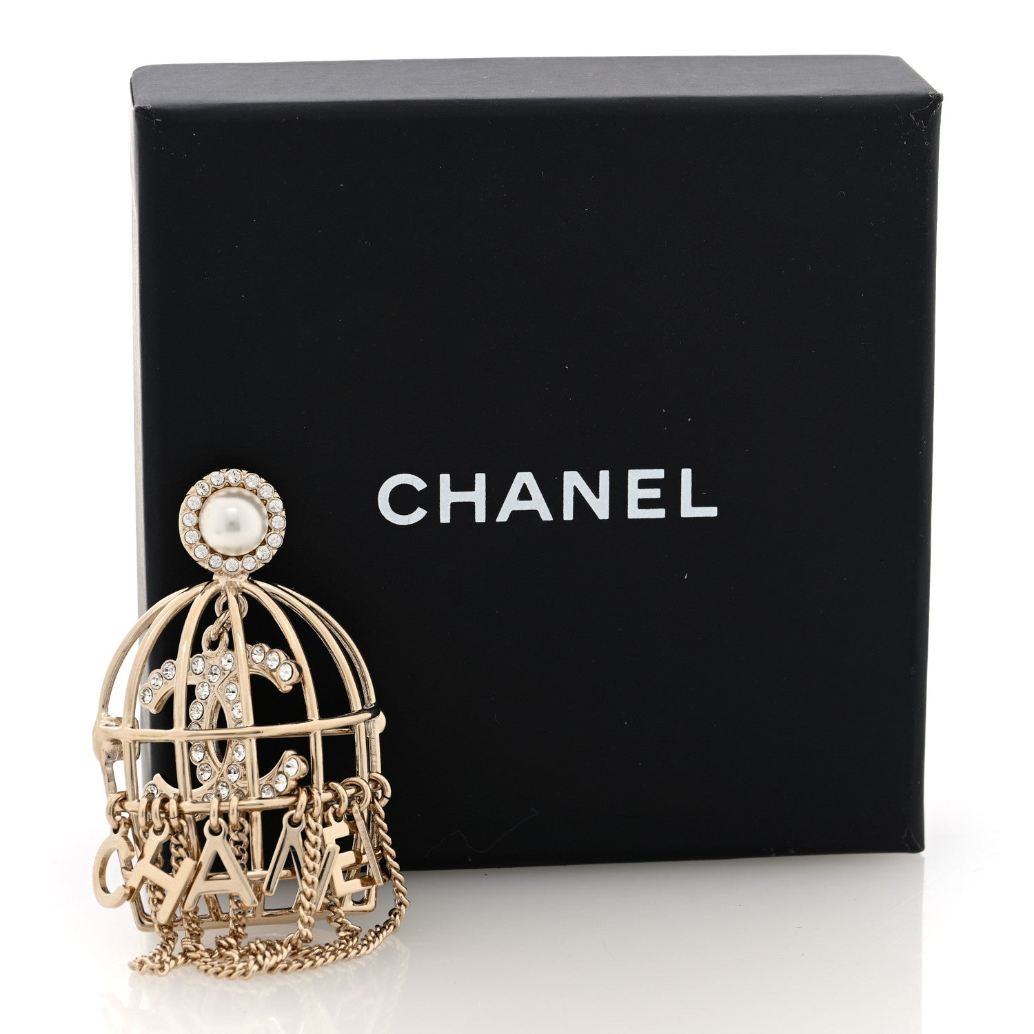 Chanel Metal Crystal Pearl CC Birdcage Brooch Light Gold 4 of 4
