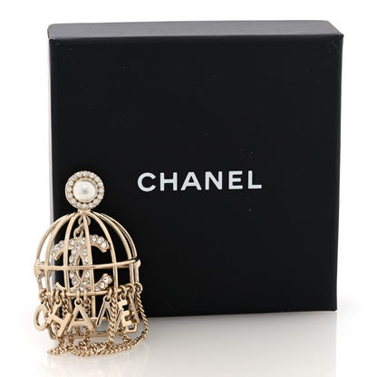Chanel Metal Crystal Pearl CC Birdcage Brooch Light Gold 4 of 4