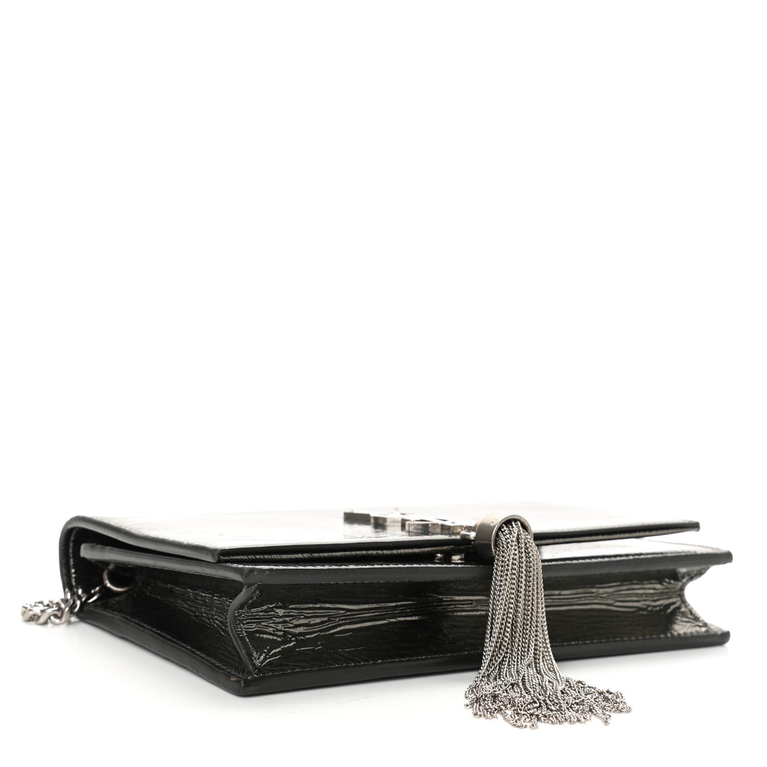 Saint Laurent Metallic Crackled Calfskin Kate Monogram Tassel Chain Wallet Argento 4 of 11