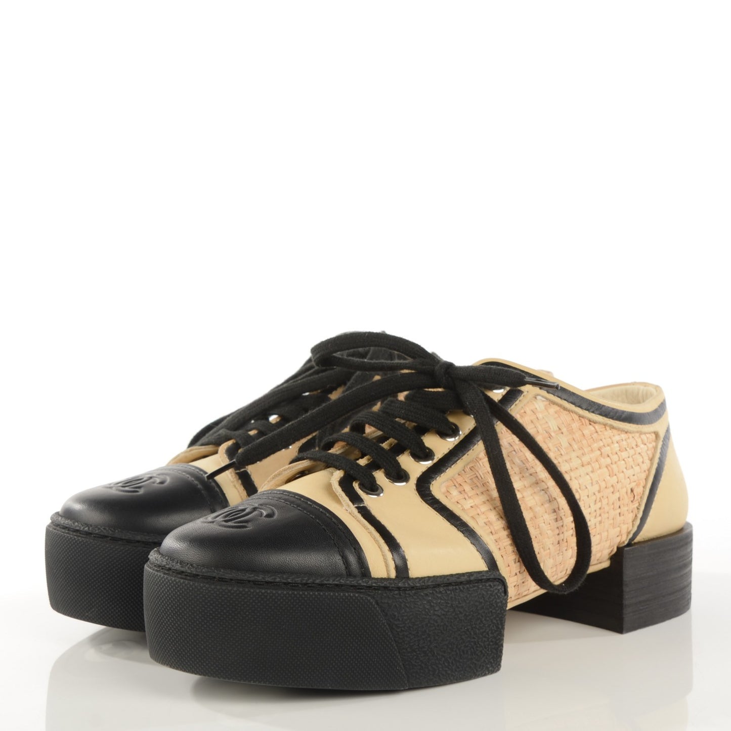 Straw Calfskin Sneakers 37.5 Beige Black