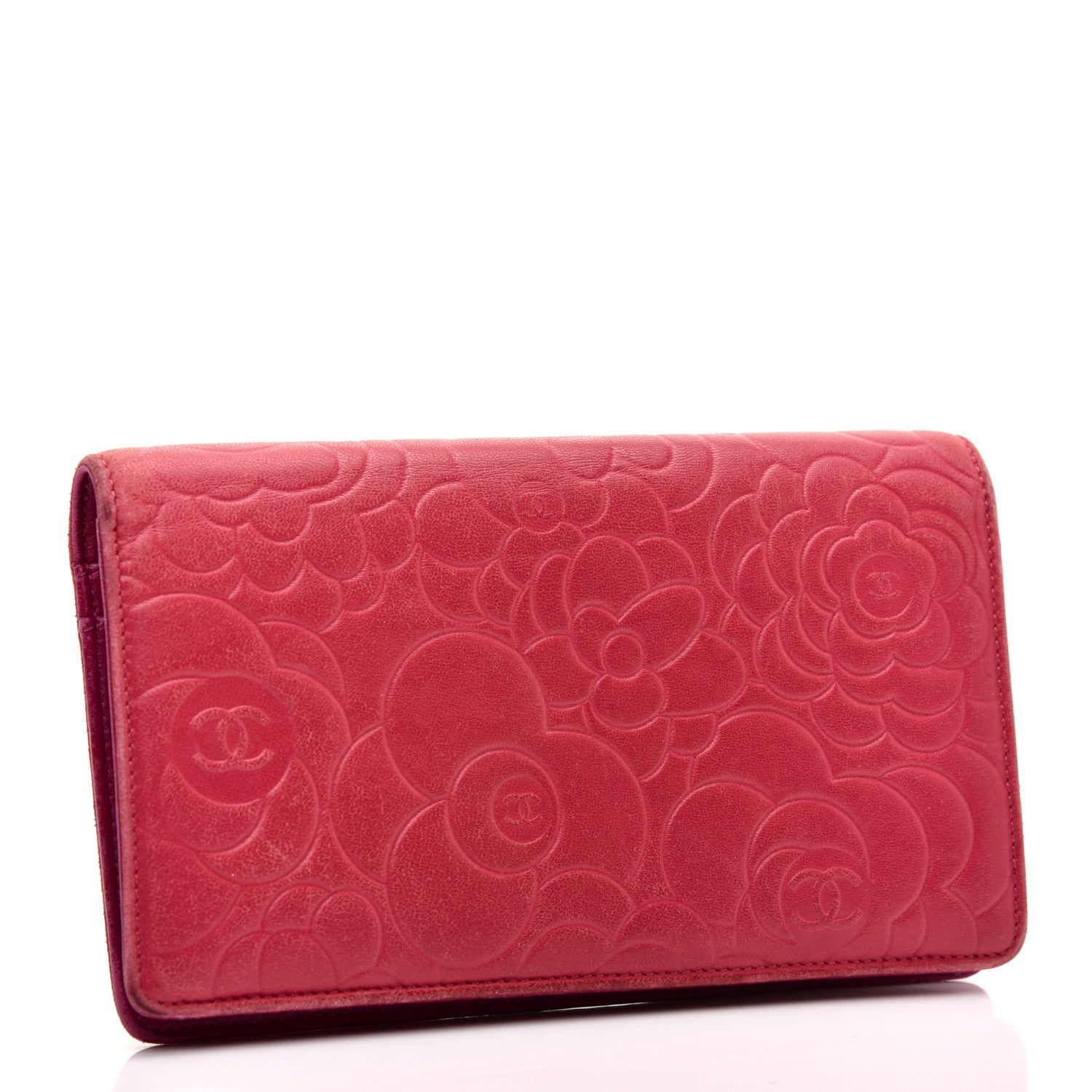 Chanel Lambskin Camellia Embossed Yen Wallet Fuchsia 3 of 11