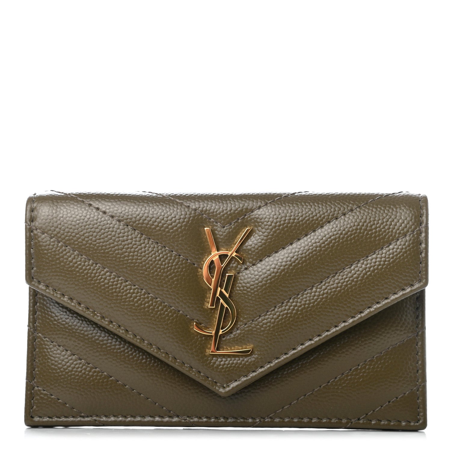 Saint Laurent Grain De Poudre Matelasse Chevron Monogram Compact Wallet Khaki 1 of 4