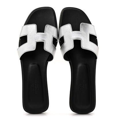 Hermes Metallic Chevre Oran Sandals 38.5 Gris Argente 5 of 9