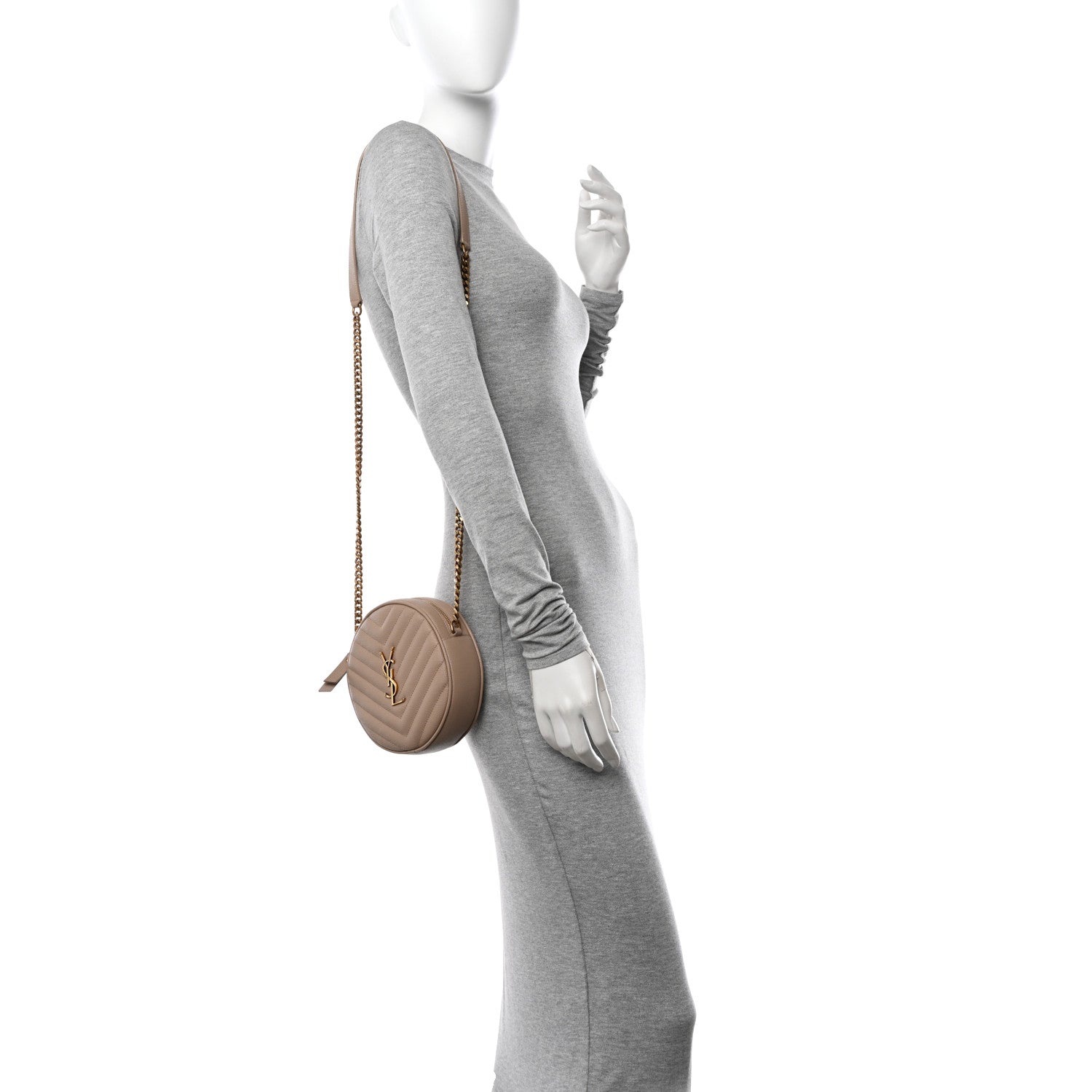 Saint Laurent Grain De Poudre Matelasse Chevron Quilted Round Vinyle Camera Bag Dark Beige 2 of 13