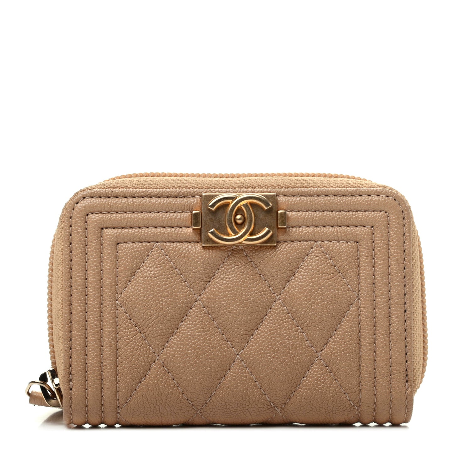 Caviar Quilted Boy Zip Around Coin Purse Wallet Beige