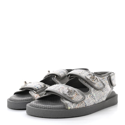 Chanel Tweed Lambskin Dad Sandals 36 Gray Ecru Blue 3 of 8