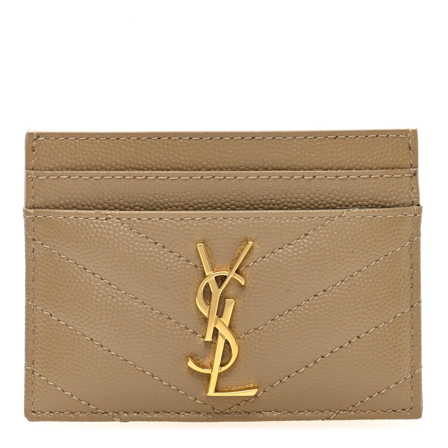 Saint Laurent Grain De Poudre Matelasse Chevron Monogram Credit Card Case Dark Latte 1 of 6