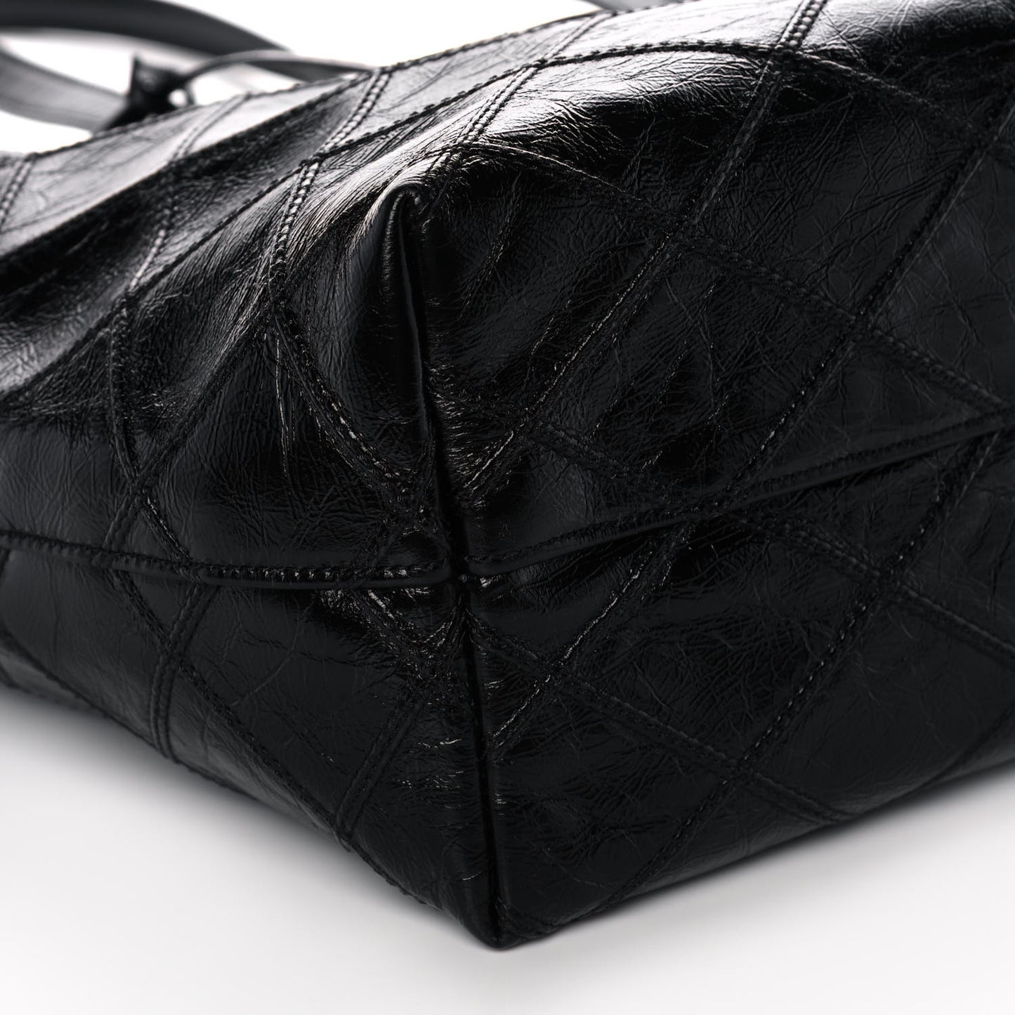 Crinkled Calfskin Quilted East West Shopping Tote Black