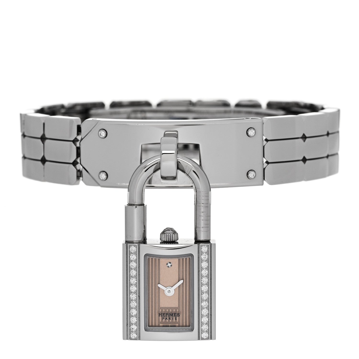 Hermes Stainless Steel Diamond Pave 16mm Kelly Quartz Watch Copper Rose 2 of 5
