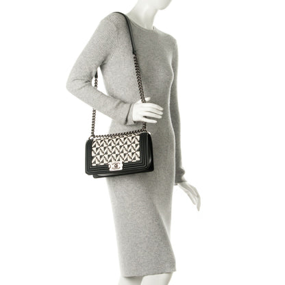 Chanel Calfskin Woven Medium Boy Flap Black White 2 of 9