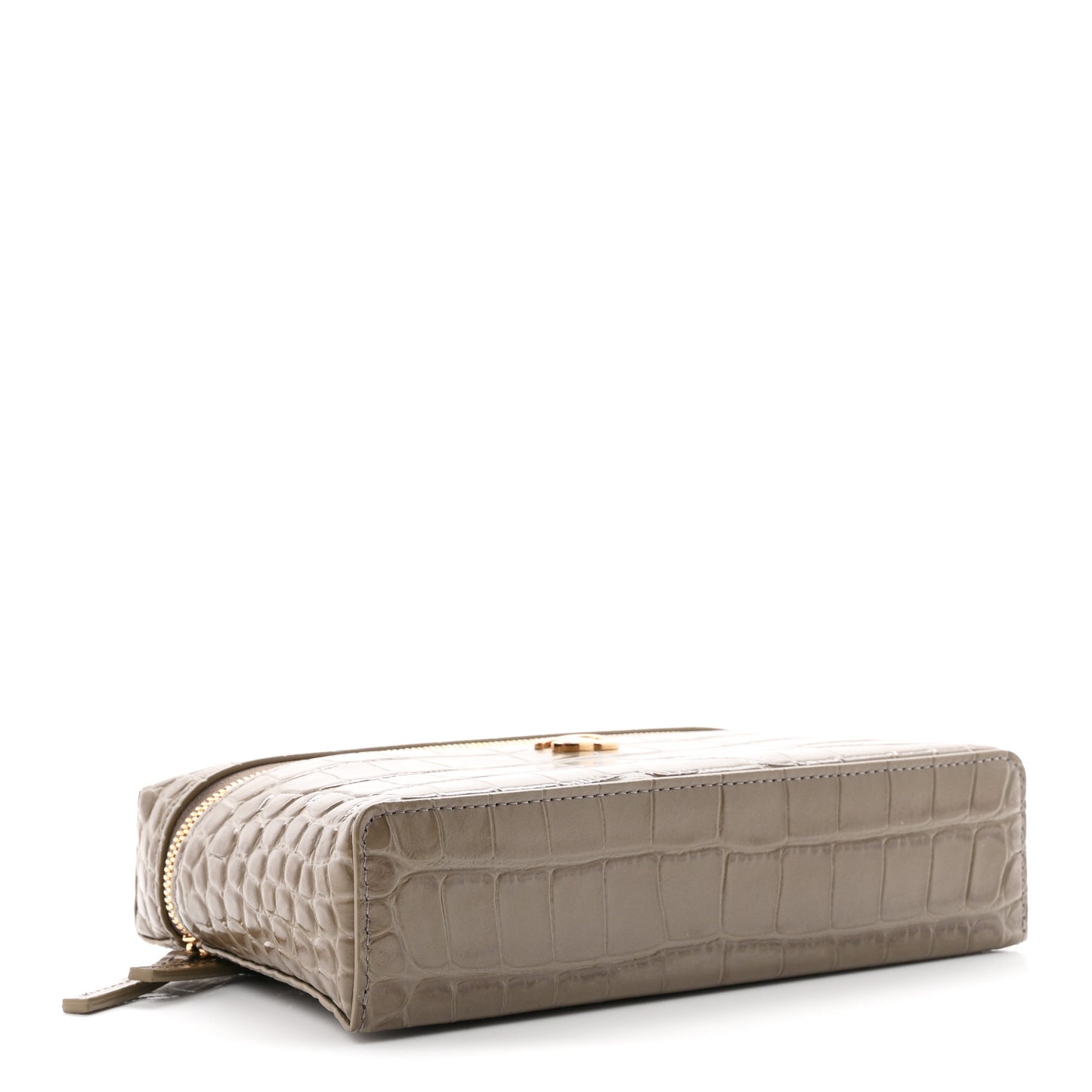 Calfskin Crocodile Embossed Top Handle Trapeze Small Vanity Case With Chain Dark Khaki