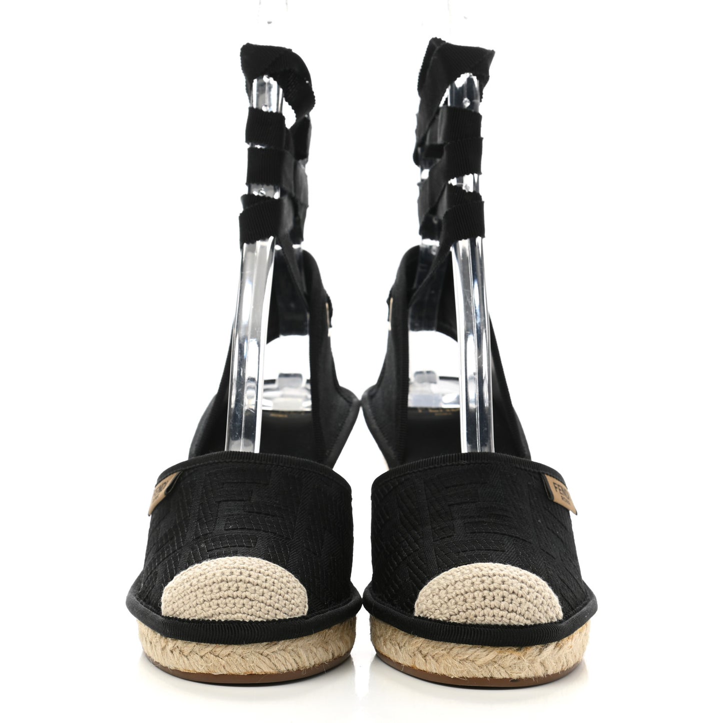 Canvas FF Embroidered Roma Ankle Wrap Wedge Espadrilles 36 Black