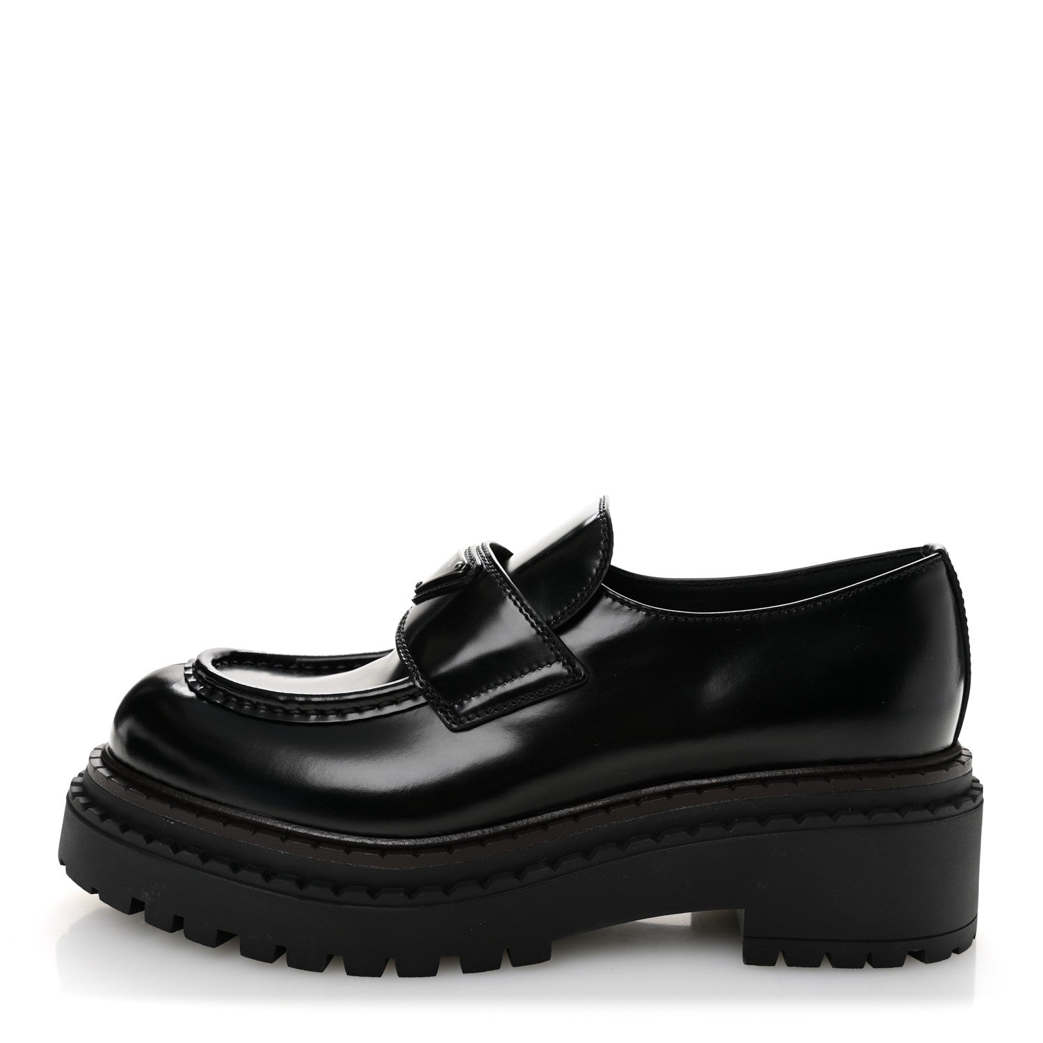 Prada Metal Triangle Logo Double Chocolate Loafers 38.5 Black 1 of 9