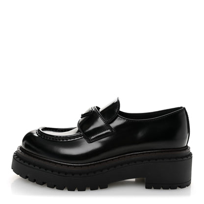 Prada Metal Triangle Logo Double Chocolate Loafers 38.5 Black 1 of 9