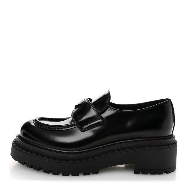 Prada Metal Triangle Logo Double Chocolate Loafers 38.5 Black