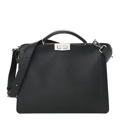 Fendi Cuoio Romano Vitello Cover Glazed Fabric Bi-Color FF 1974 Medium Peekaboo I SEE U Satchel Black Mimosa Tobacco Moro 1 of 7
