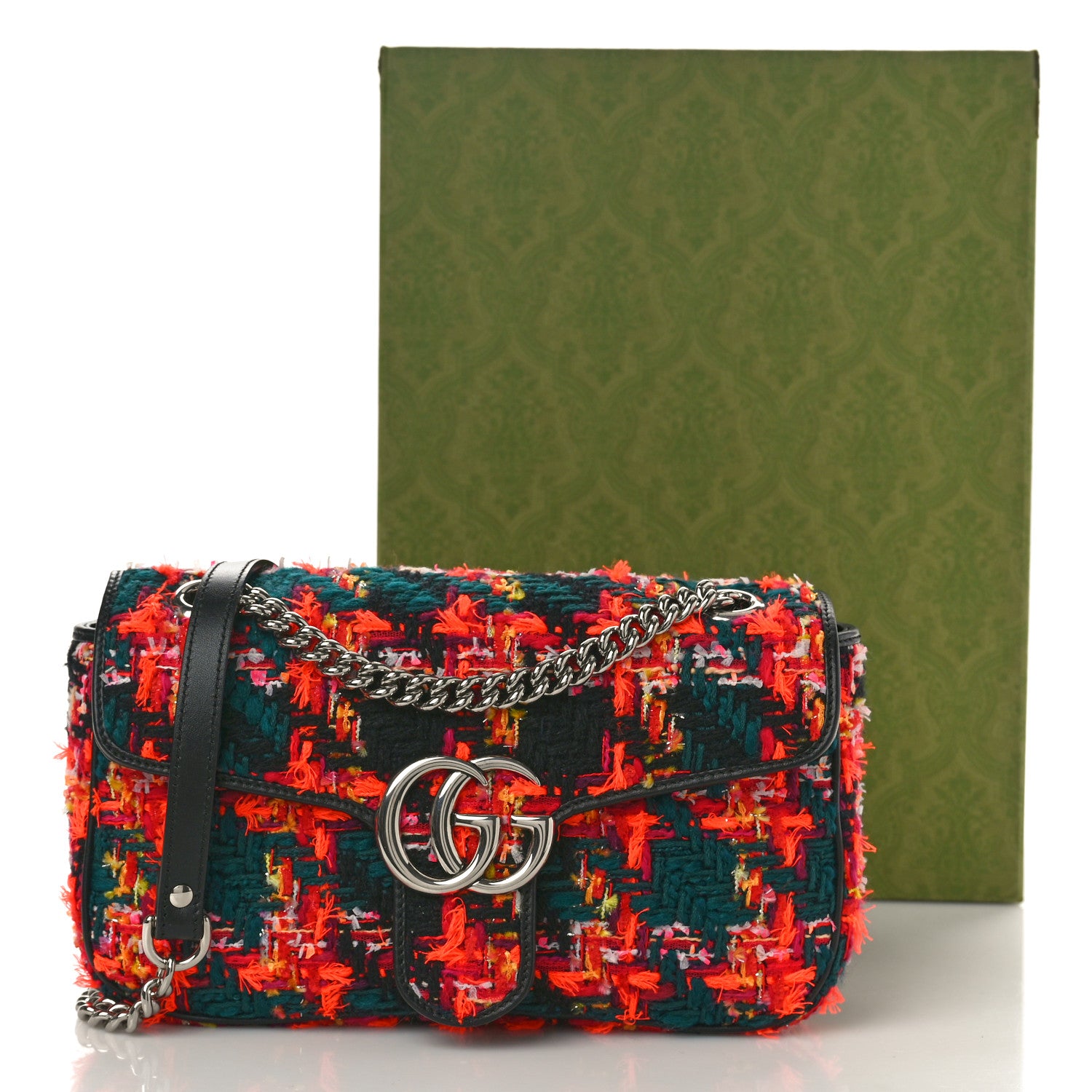 Gucci Tweed Check Poule Calfskin Small GG Marmont Shoulder Bag Pink Petroleum Multicolor Black 11 of 11