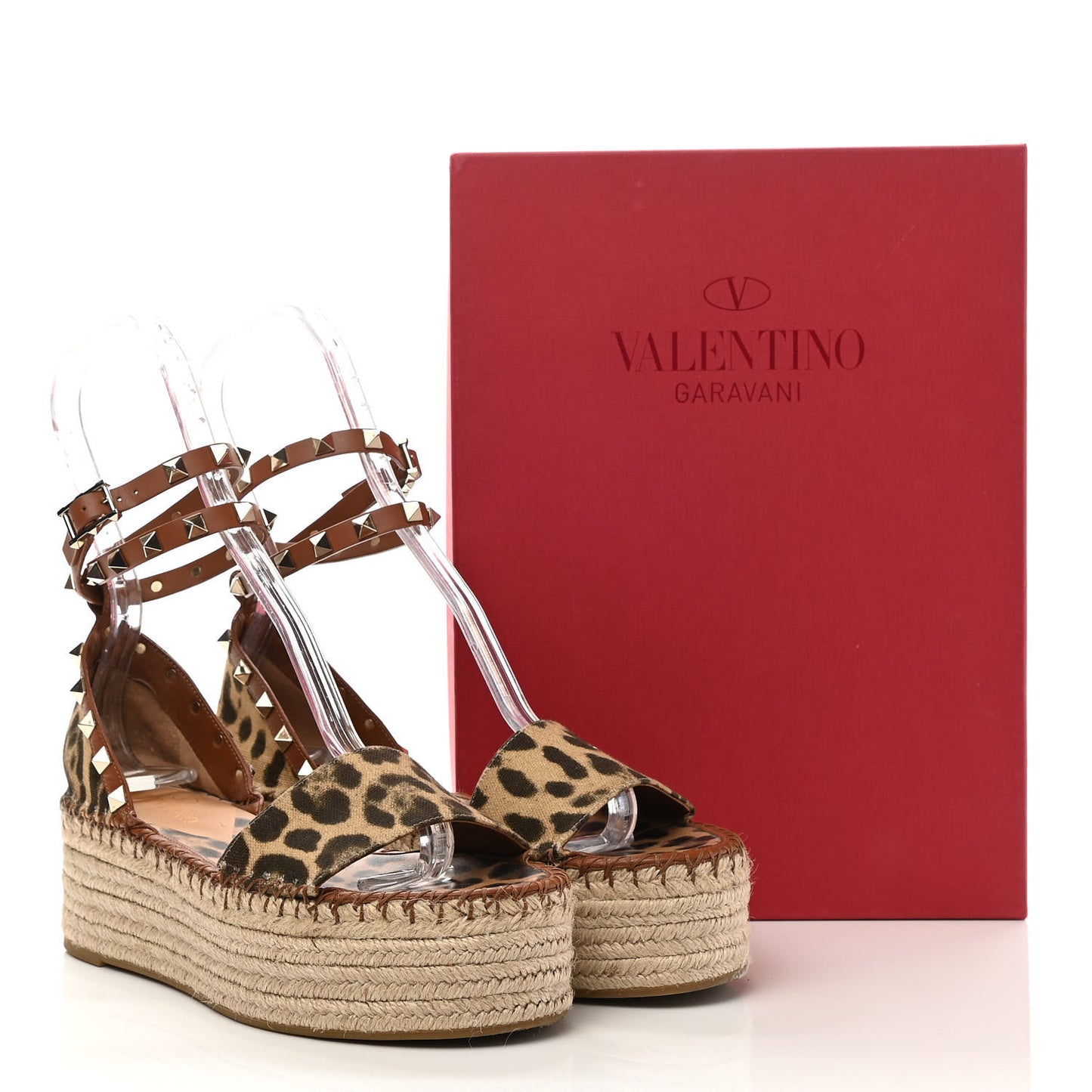 Canvas Leopard Print Rockstud Ankle Wrap Espadrille Flatform Sandals 37 Brown