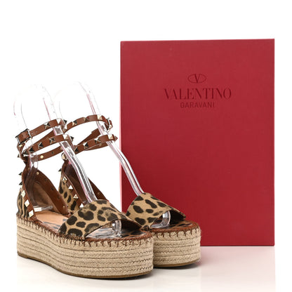 Valentino Garavani Canvas Leopard Print Rockstud Ankle Wrap Espadrille Flatform Sandals 37 Brown 11 of 11