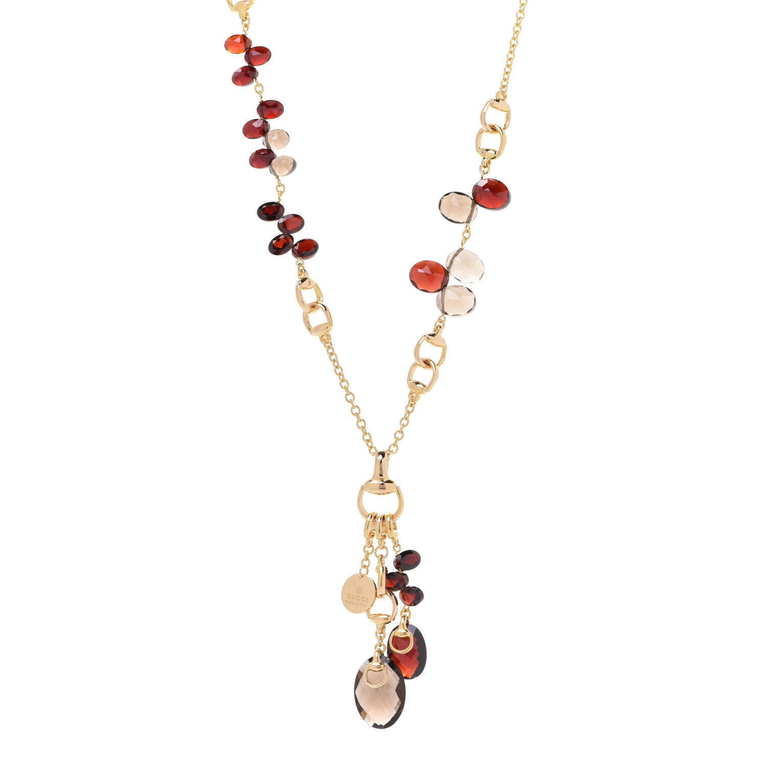 Gucci 18K Yellow Gold Garnet Smoky Quartz Horsebit Link Pendant Necklace 1 of 7