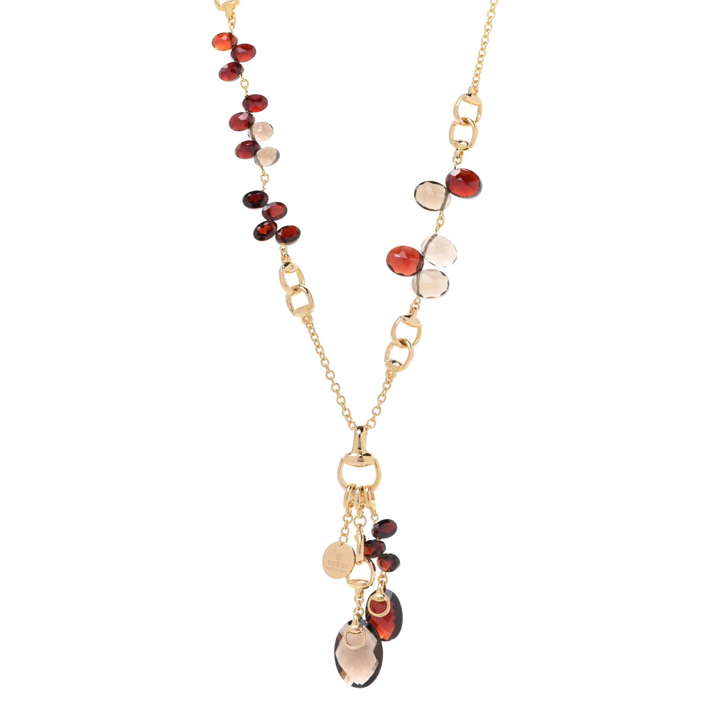 18K Yellow Gold Garnet Smoky Quartz Horsebit Link Pendant Necklace