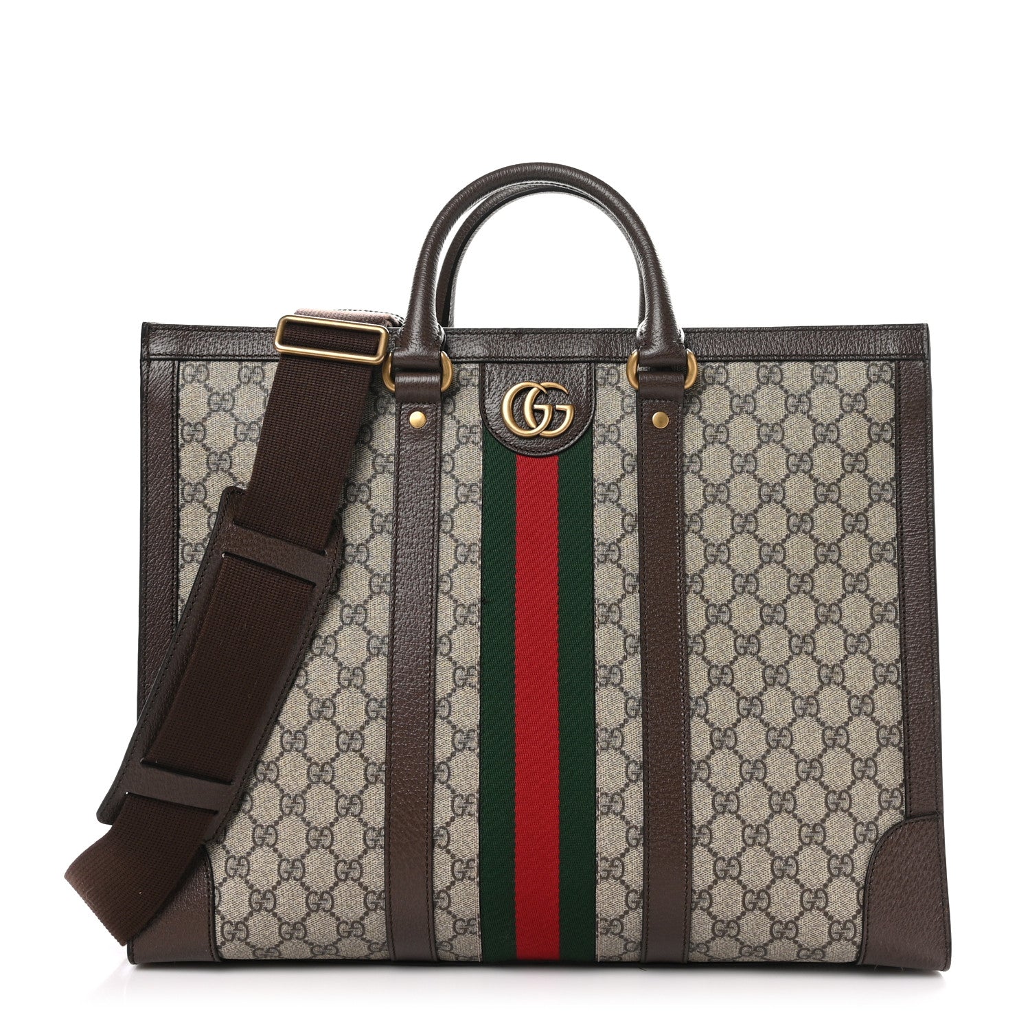 Gucci GG Supreme Monogram Textured Dollar Calfskin Web Large Ophidia Tote Bag Beige Ebony 1 of 11