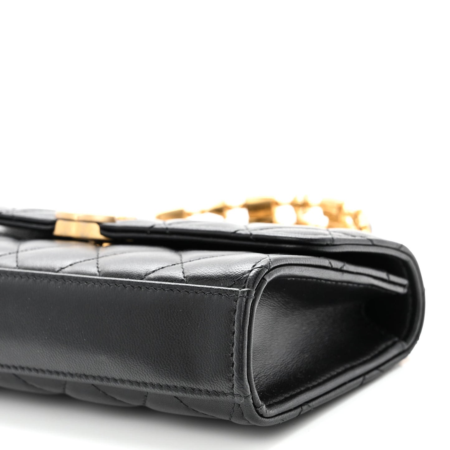 Lambskin Enamel Quilted Top Handle Flap Phone Holder With Chain Black