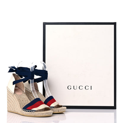 Gucci Canvas Sylvie Web Ankle Wrap Espadrille Wedge Sandals 36 Mystic White Hibiscus Red Maritime 12 of 12