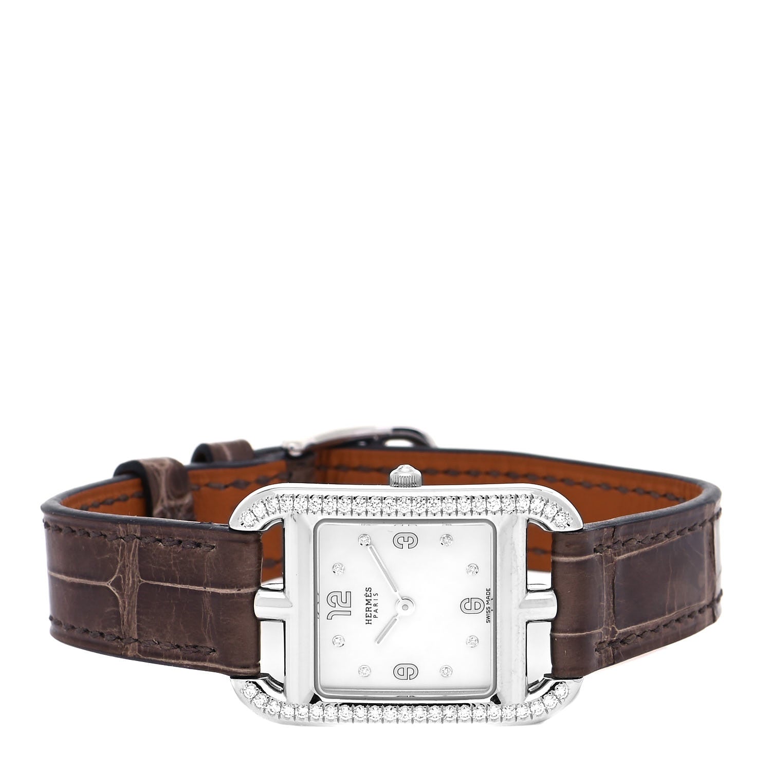 Hermes Stainless Steel Alligator Diamond Bezel Mother of Pearl 23mm Cape Cod Quartz Watch Gris Elephant 2 of 5