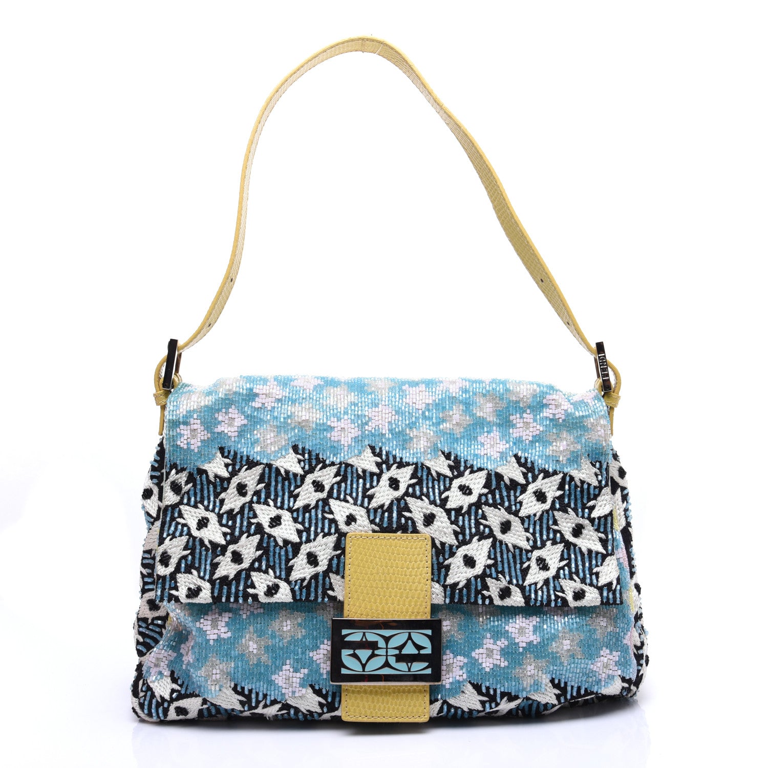 Fendi Beaded Lizard Mama Baguette Blue Yellow 1 of 14