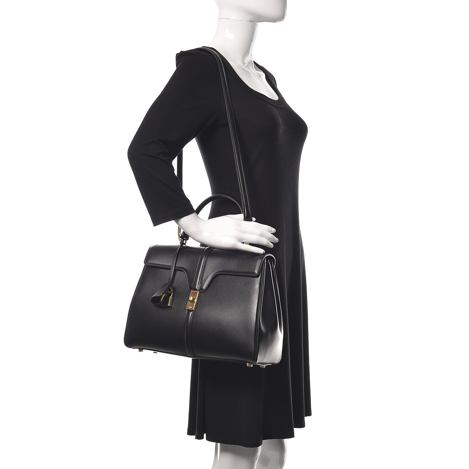 Celine Satinated Calfskin Medium 16 Top Handle Bag Black 2 of 13