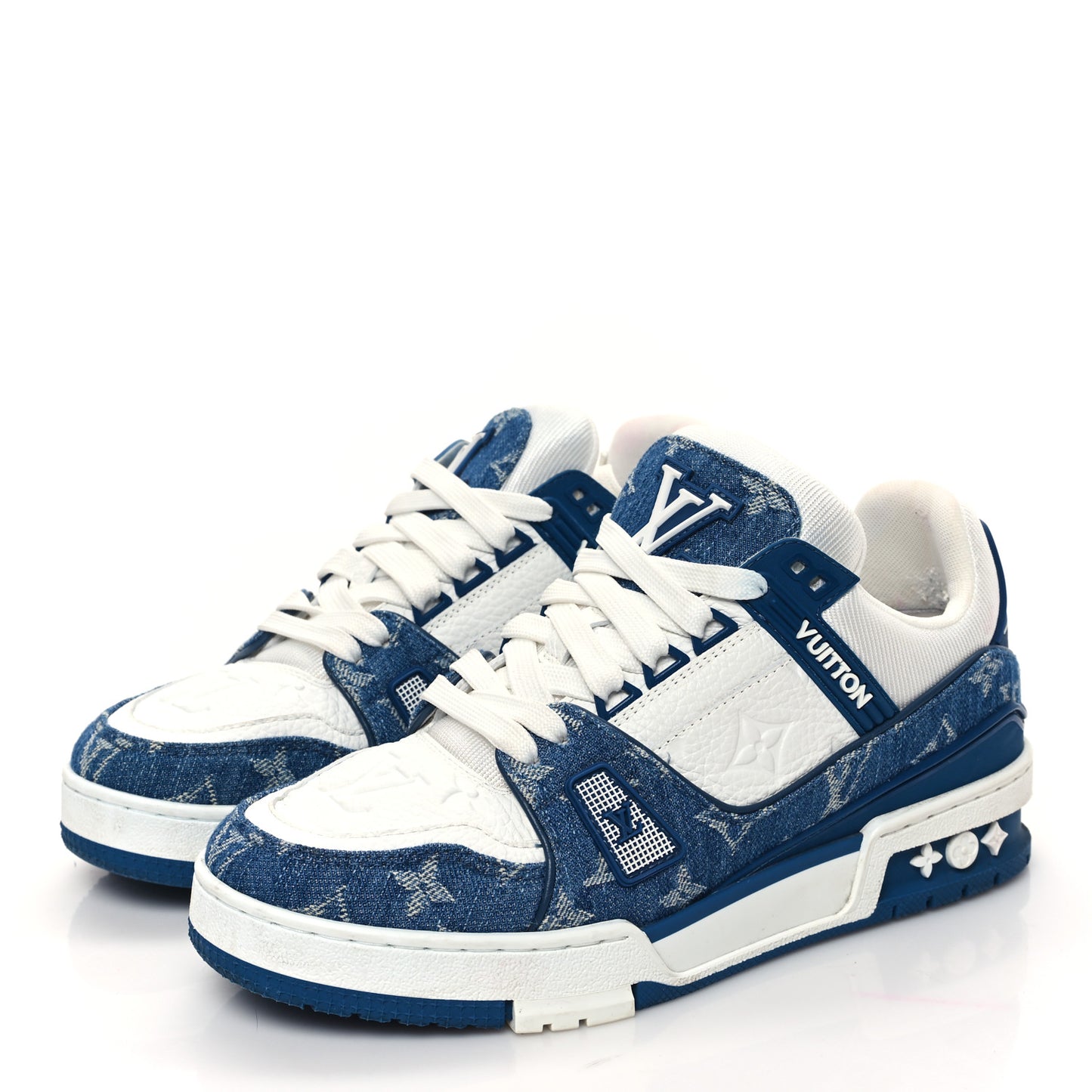 Calfskin Embossed Monogram Denim Womens LV Trainer Sneakers 37 Blue