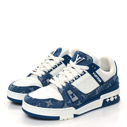 Louis Vuitton Calfskin Embossed Monogram Denim Womens LV Trainer Sneakers 37 Blue 3 of 10