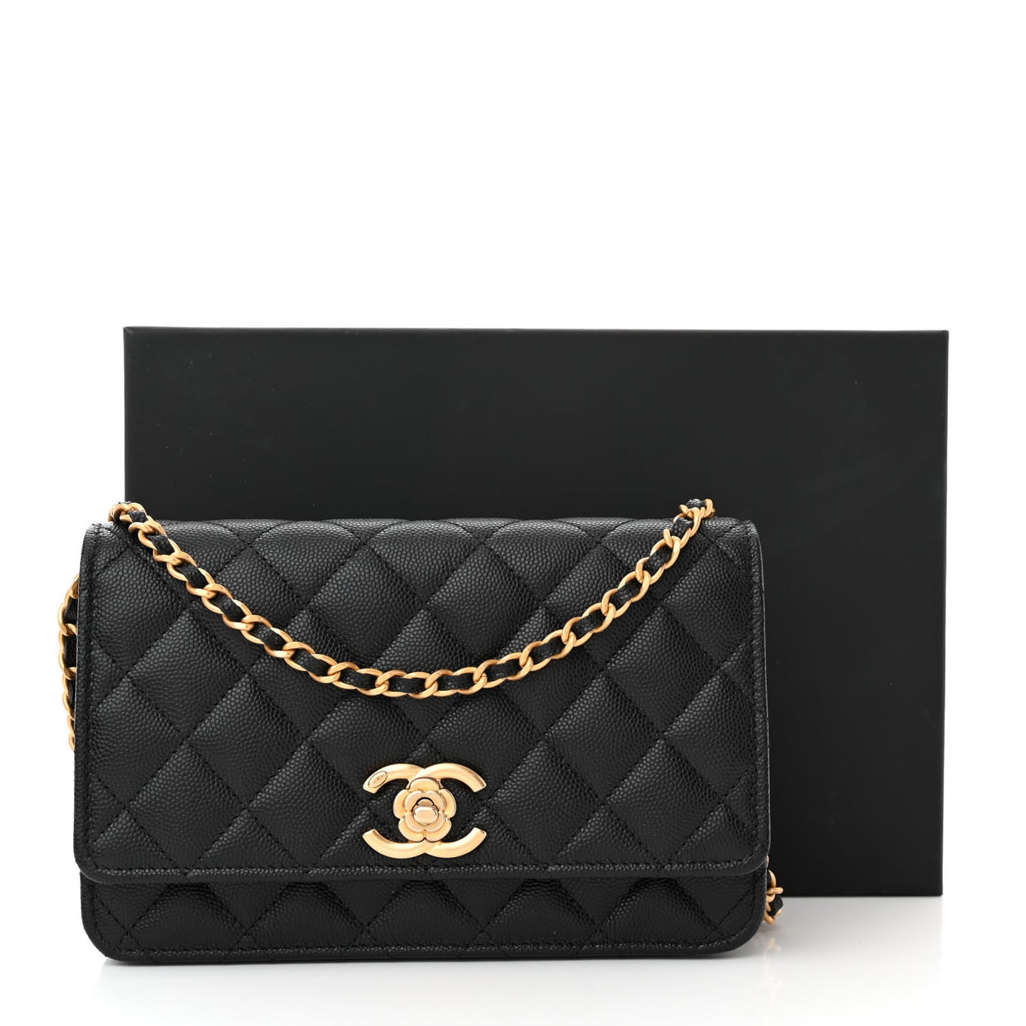 Caviar Quilted Camellia Wallet On Chain WOC Black
