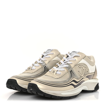 Chanel Fabric Laminated Calfskin Stretch CC Sneakers 39.5 Ivory White Silver 4 of 15