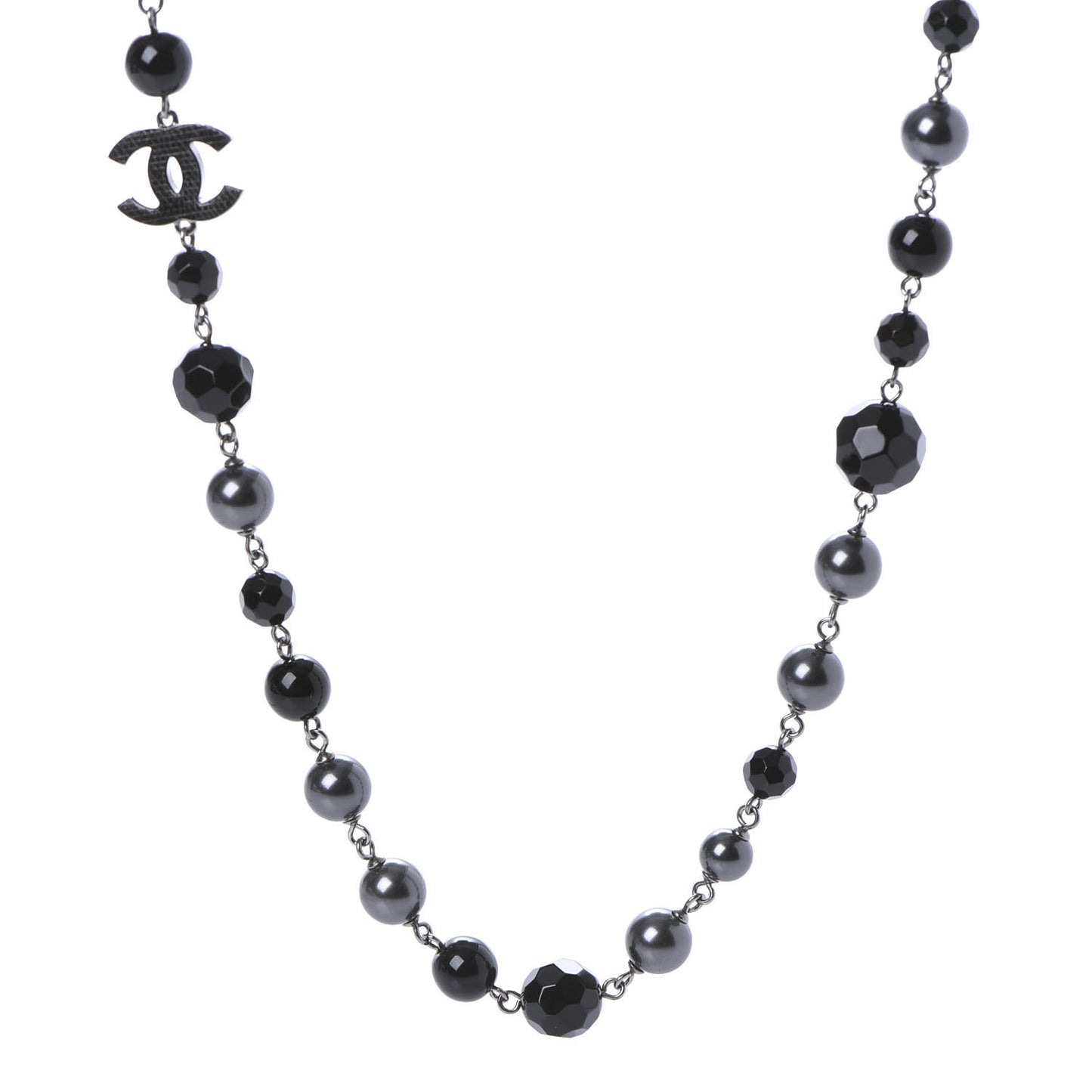 Pearl Beaded CC Long Necklace Silver Black