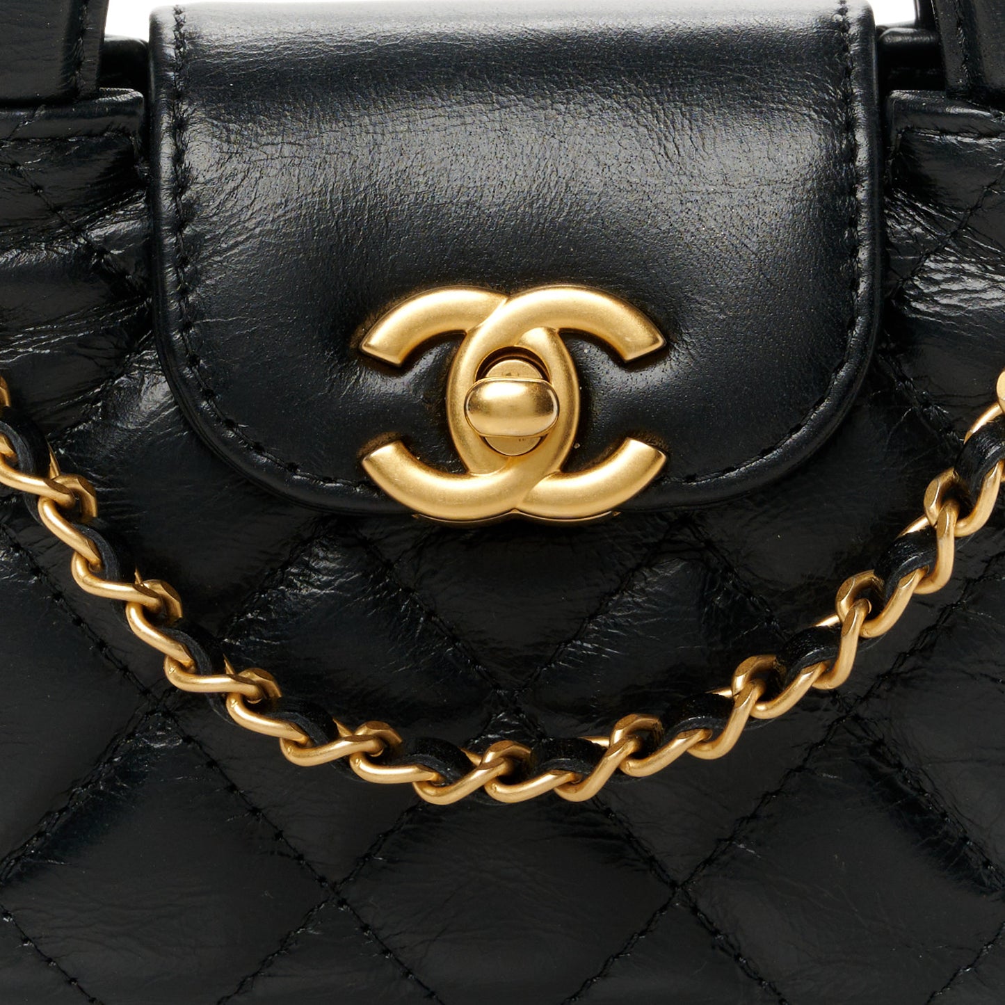 Shiny Aged Calfskin Quilted Mini Nano Kelly Shopper Black