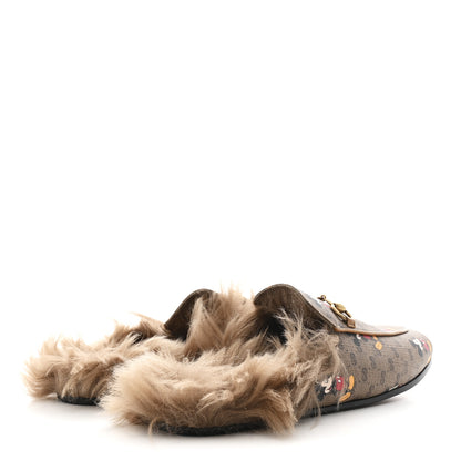 Gucci X DISNEY Mini Vintage GG Supreme Monogram Mickey Mouse Fur Womens Princetown Slippers 38 Beige Vintage Sun Oil 5 of 9