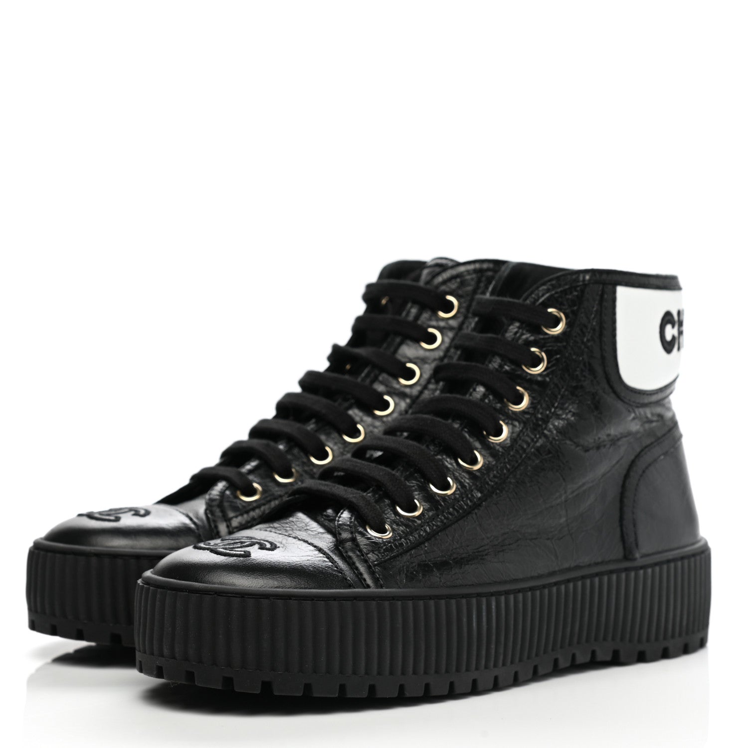 Chanel Aged Calfskin Lace Up Cap Toe Sneakers 36 Black White 3 of 9