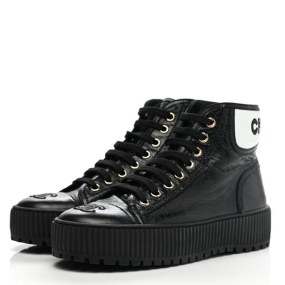 Chanel Aged Calfskin Lace Up Cap Toe Sneakers 36 Black White 3 of 9