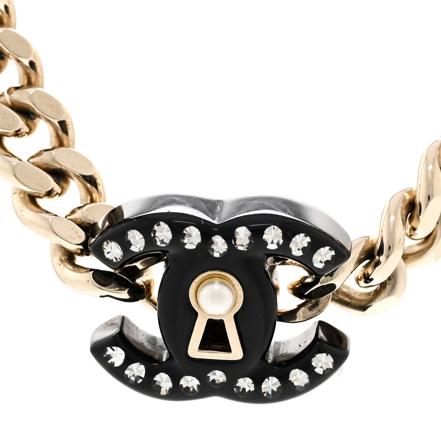 Crystal Pearl CC Lock Short Necklace Gold Black