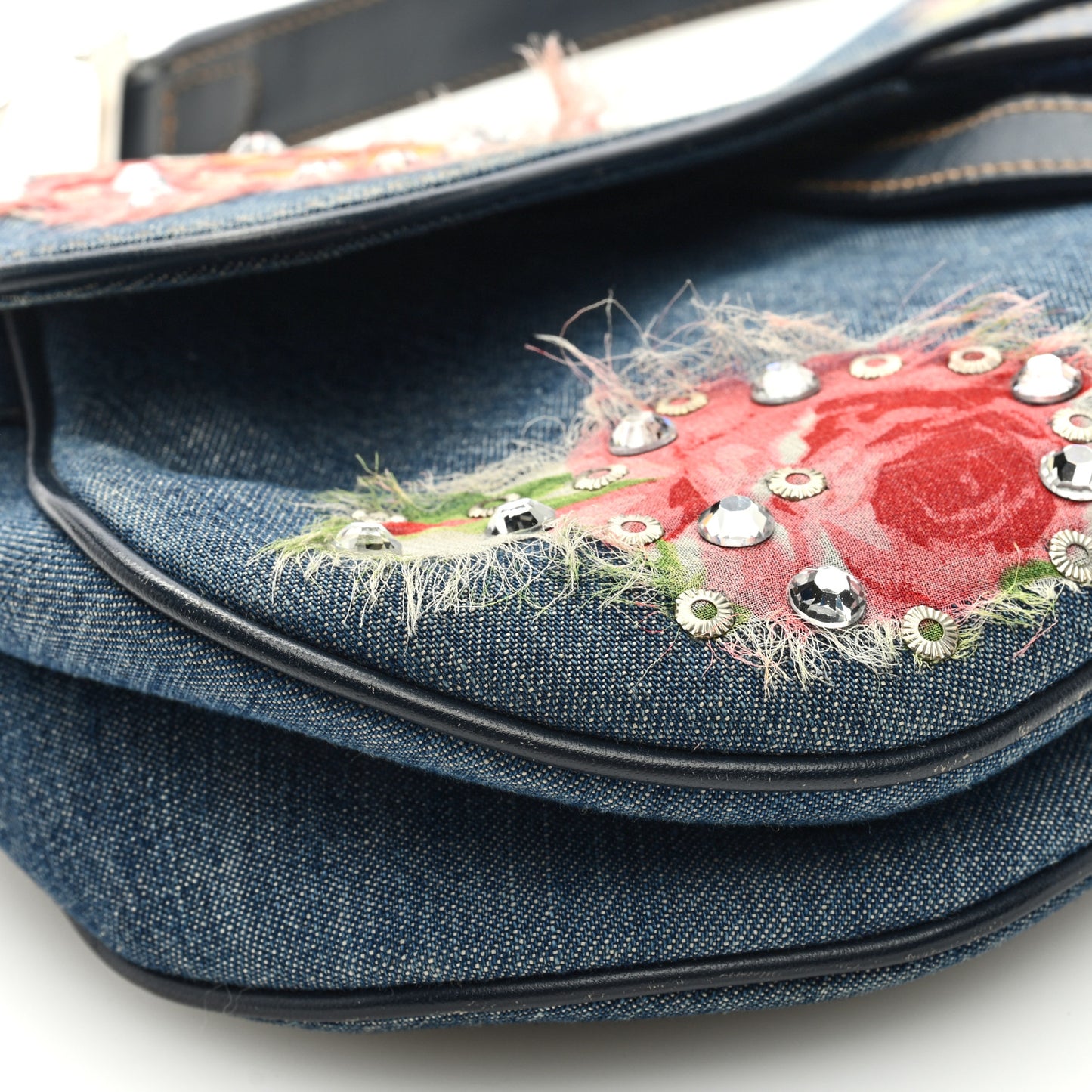 Denim Crystal Floral Embroidered Saddle Bag Multicolor