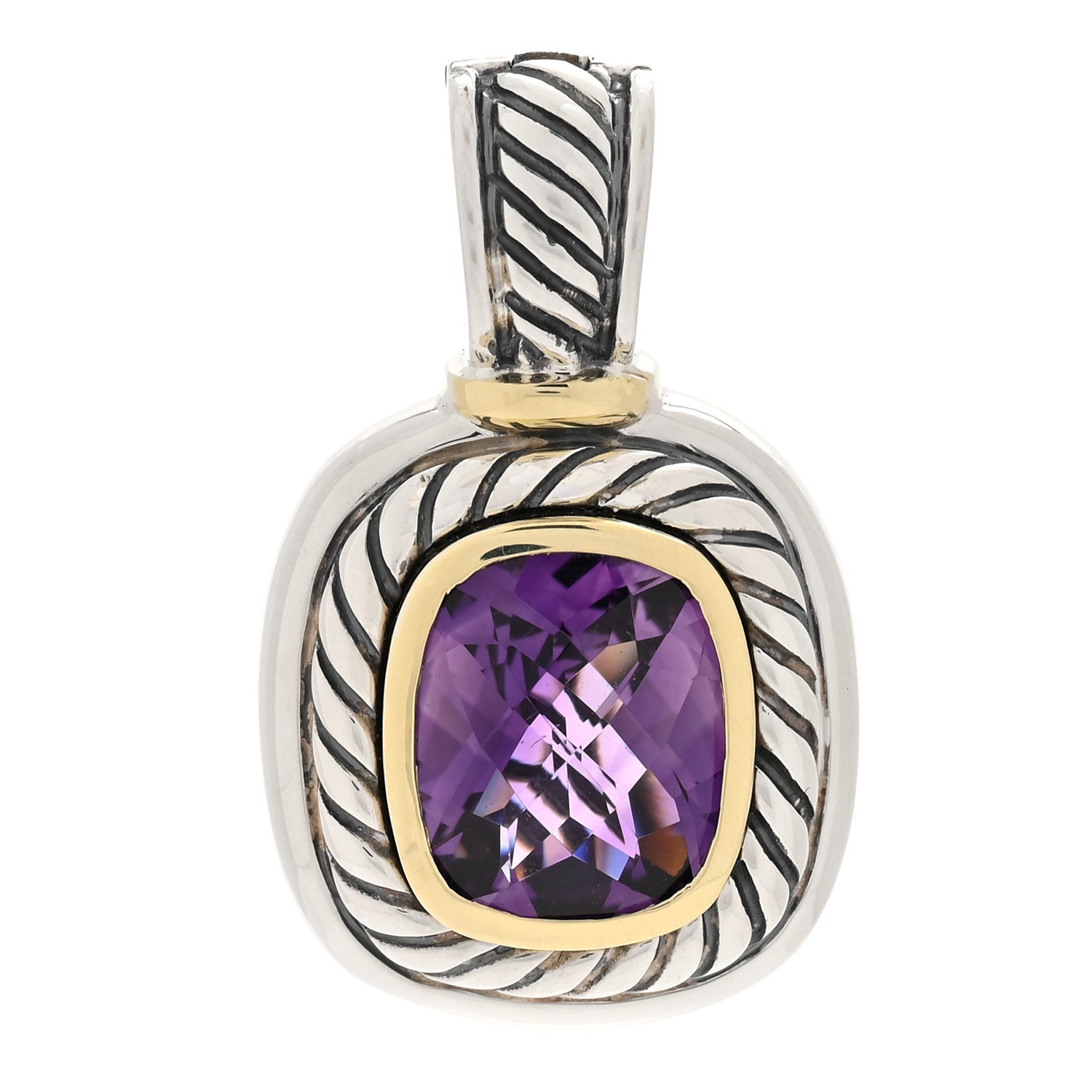 David Yurman Sterling Silver 14K Yellow Gold Amethyst 12mm Albion Enhancer Pendant 1 of 3