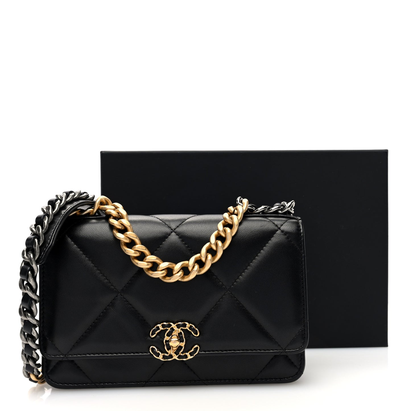 Lambskin Quilted Chanel 19 Wallet On Chain WOC Black