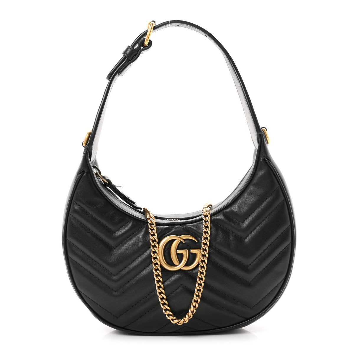 Calfskin Matelasse Chevron Mini GG Marmont Half Moon Hobo Black